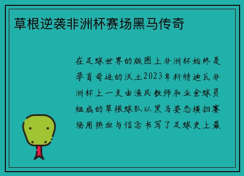 草根逆袭非洲杯赛场黑马传奇